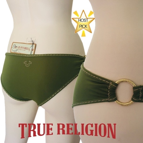 True RELIGION Bikini Bottom Super Ultra Low Rise Hipster Olive Green Metal Rings - Picture 1 of 11